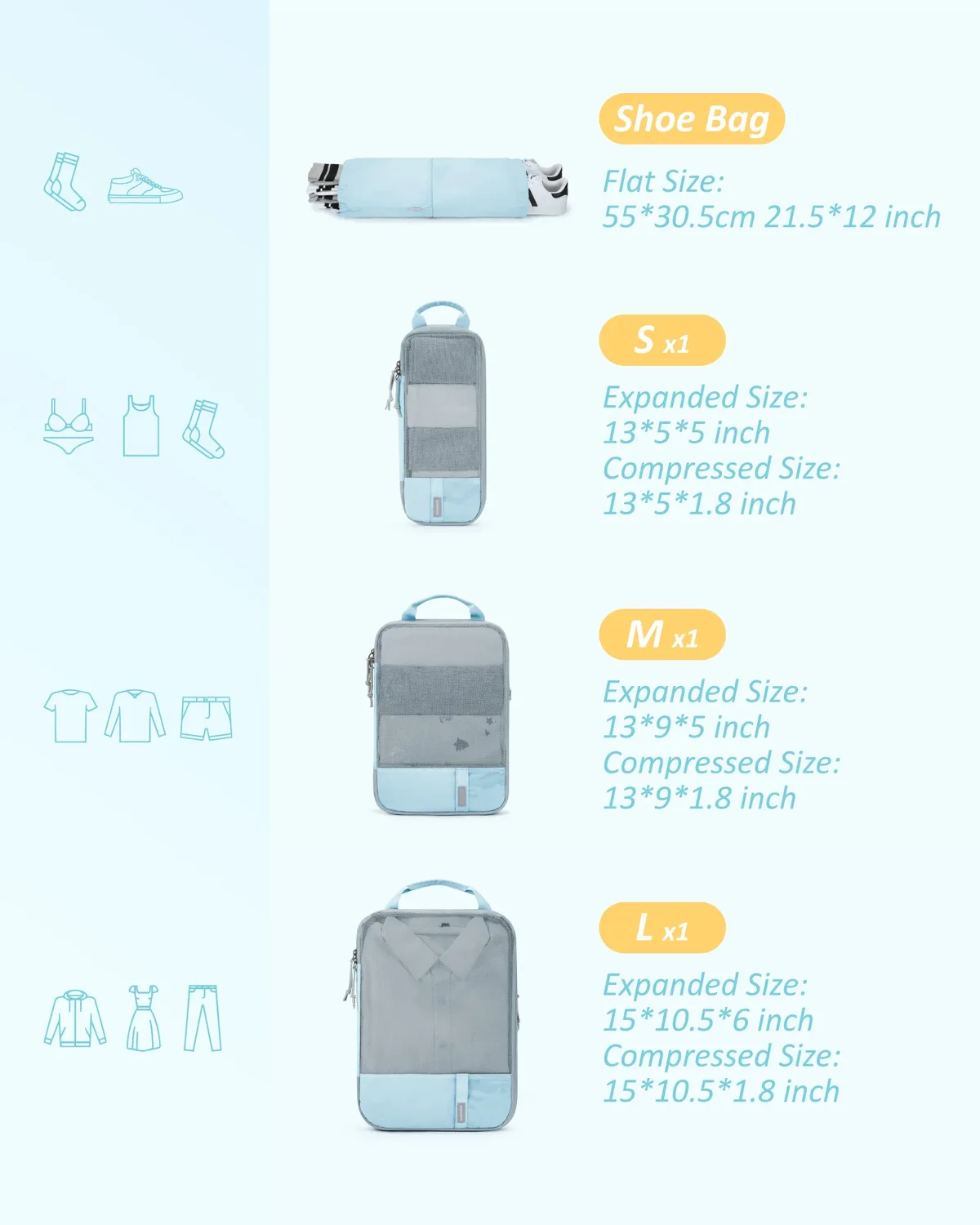 organisateur voyage polyester gris orange compresseur sac chaussures décontracté femmes sets compartiments zippés espacegain usage polyvalent voyages