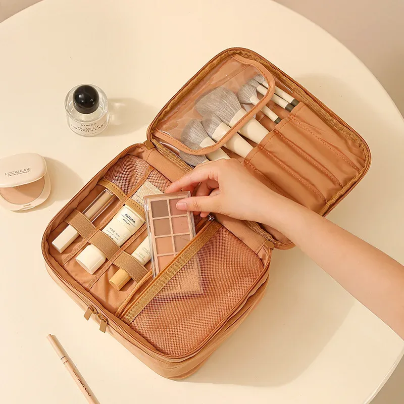 trousse de toilette grande capacité à double compartiment avec séparateurs ; sac de voyage portable en tissu oxford