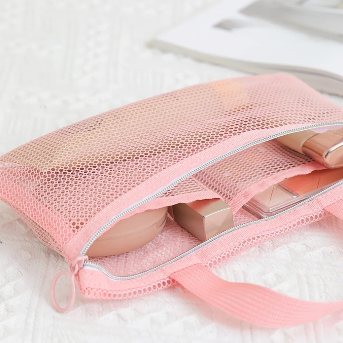 mini trousse de maquillage rose en maille multi-poches, sac de natation, sac de rangement de voyage portable, sac de bain portable, sac de plage, lot de 1