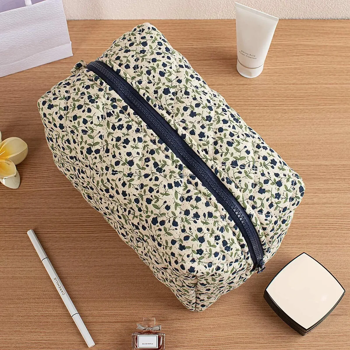 trousse de maquillage à imprimé floral, grande capacité, organiseur de toilette de voyage, pochette cosmétique portable, pochette à fermeture éclair pour femmes