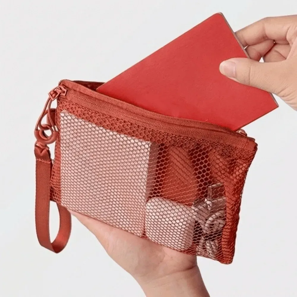 sac de rangement en maille légère, sac à cosmétiques en polyester de couleur unie, multifonctionnel avec fermeture éclair, pochette de maquillage à usage polyvalent