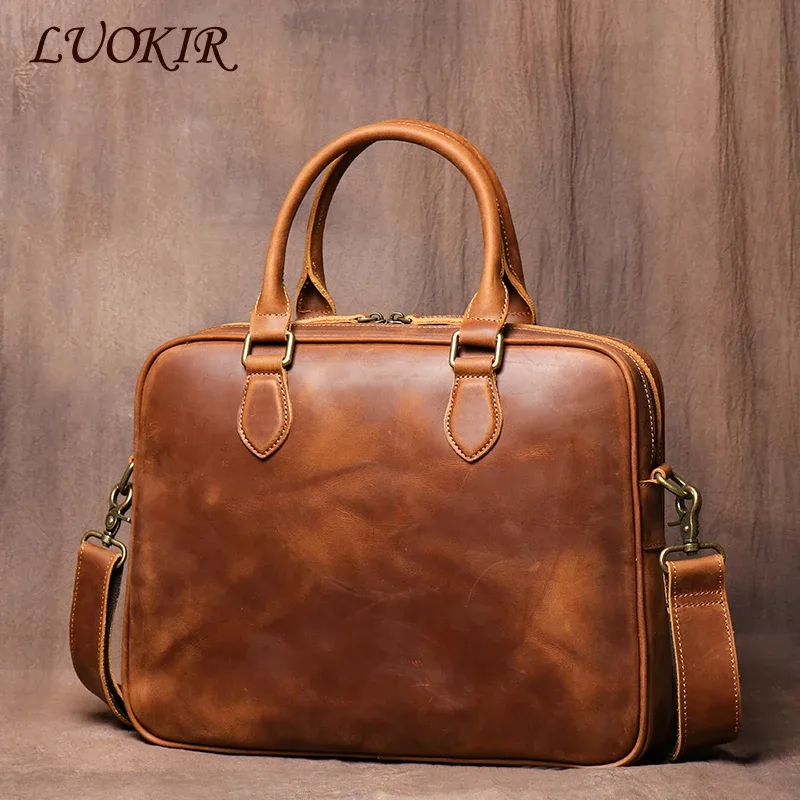 luokir-sac à main en cuir de vachette pour homme, sac d'ordinateur de bureau décontracté, sac à main en cuir de haute qualité, simple, élan, cheval, bombes, document gt, vintage