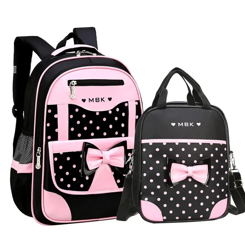 sac à dos scolaire léger pour filles de 6 à 12 ans, sac à dos élémentaire mignon à pois avec nœud et bretelles ergonomiques rembourrées