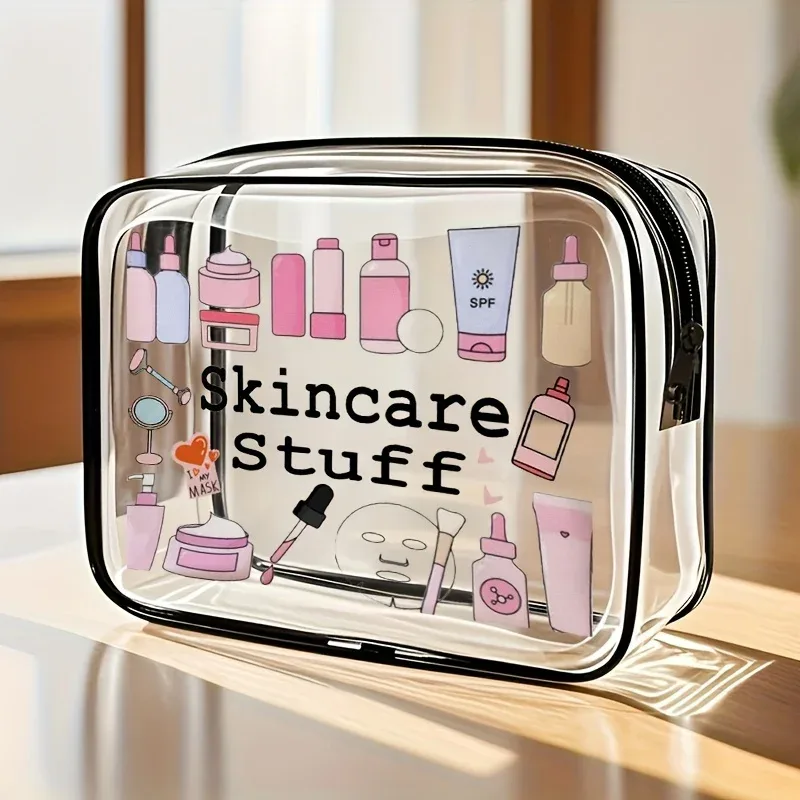 pochette cosmétique pvc transparente motif soins peau organiseur voyage femmes contenance articles toilette sécurité transport