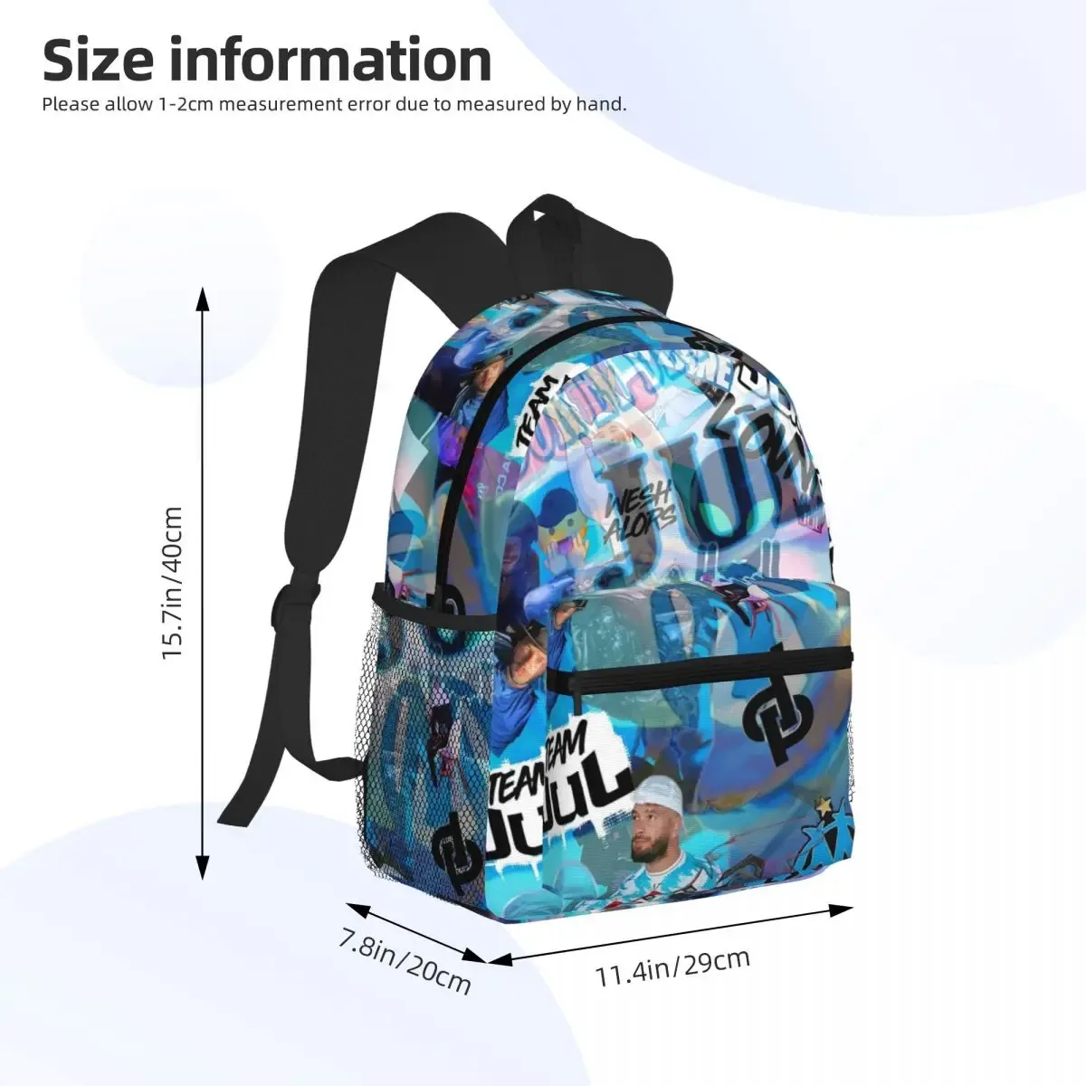 sac dos polyester motif coloré relief trousseaux beige noir bleu format rectangulaire poches lateral maille noire usage étudiant école voyage