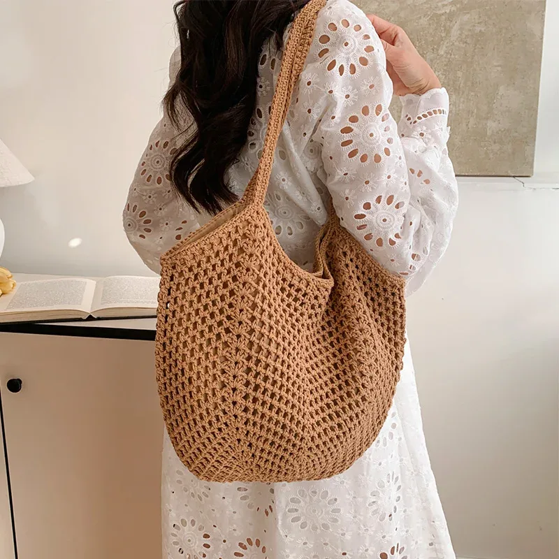 sac fourre-tout tissé respirant, sac à bandoulière de plage, sac de voyage décontracté ajouré pour les sorties d'une journée, la piscine et la plage