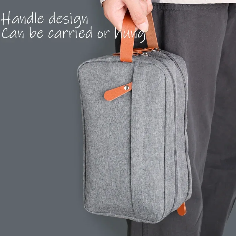 trousse de maquillage en tissu oxford de grande capacité, sac de rangement d'articles de toilette de voyage portable à double couche, utilisée pour les voyages d'affaires et les voyages