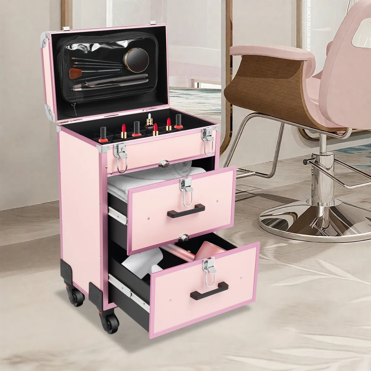 valise de maquillage à roulettes grande capacité, verrouillable, étanche, pour maquilleurs professionnels