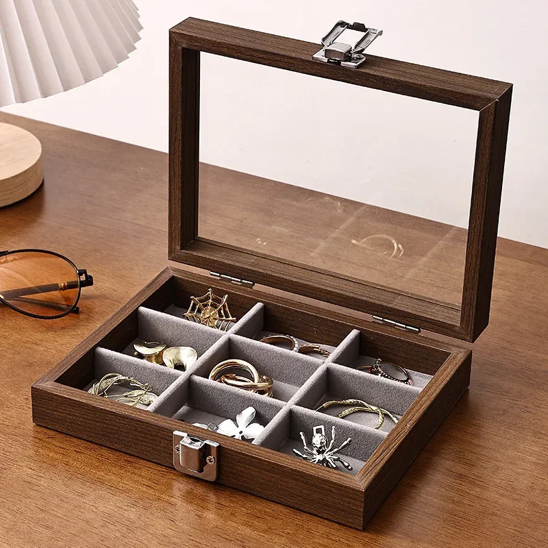 boîte à bijoux motif noyer avec couvercle, étui de rangement pour bagues, boucles d'oreilles, bracelets, chaînes, plateau de présentation en bois dur de style décontracté