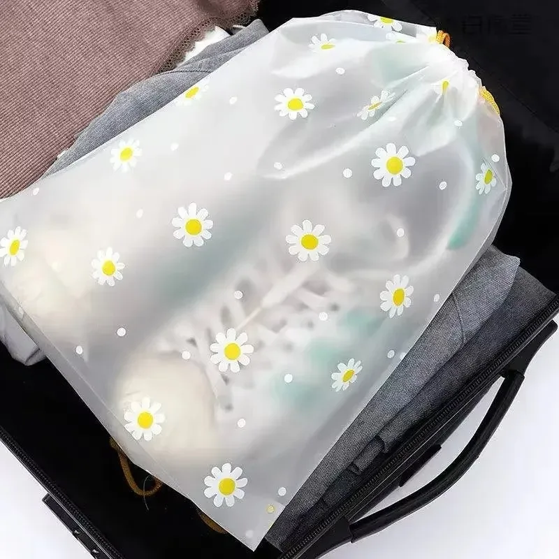 sac en plastique imprimé marguerite, blanc transparent, pliable, sac de voyage imprimé marguerite, adapté au rangement des serviettes, fournitures de voyage, 5/10 pièces
