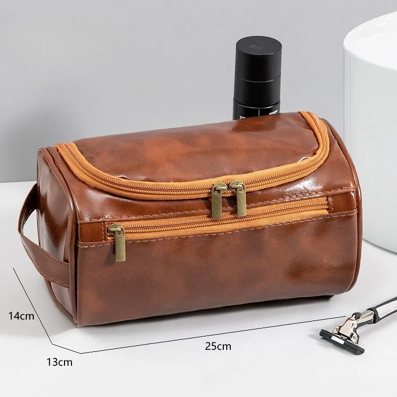 trousse de toilette de voyage en cuir pour hommes et femmes, grande capacité, organisateur de cosmétiques avec crochet de suspension, sac de rangement maquillage étanche