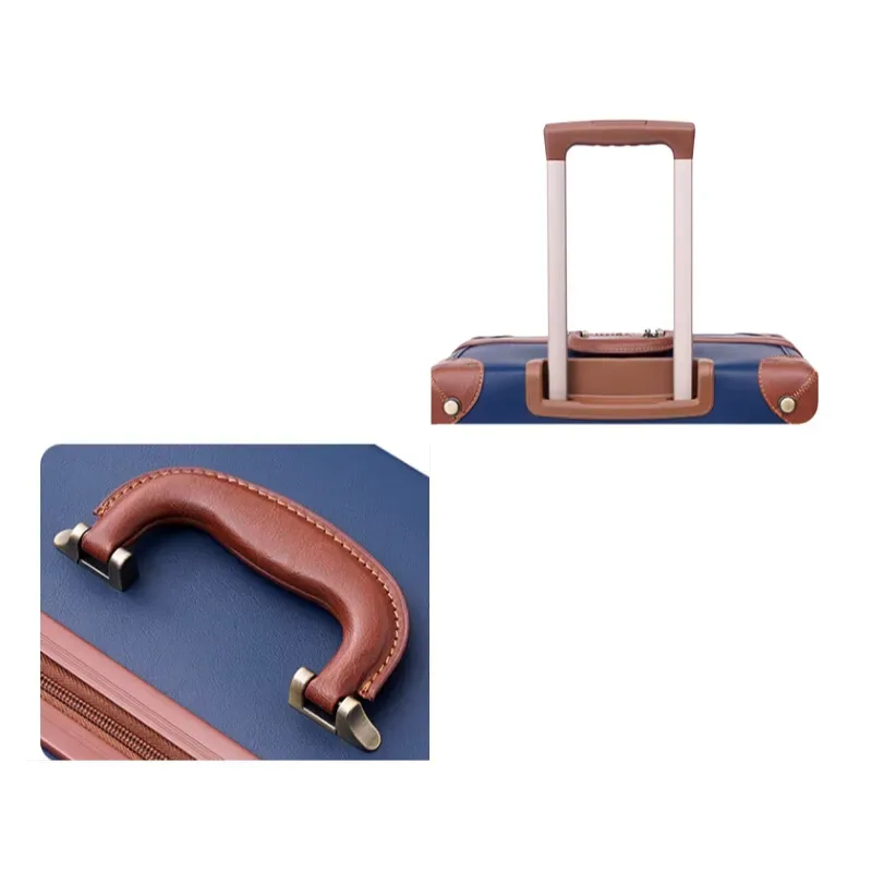 valise polypropylène bleu marron poignées latérales roulettes spinner intérieur beige rayé bagage voyage universel