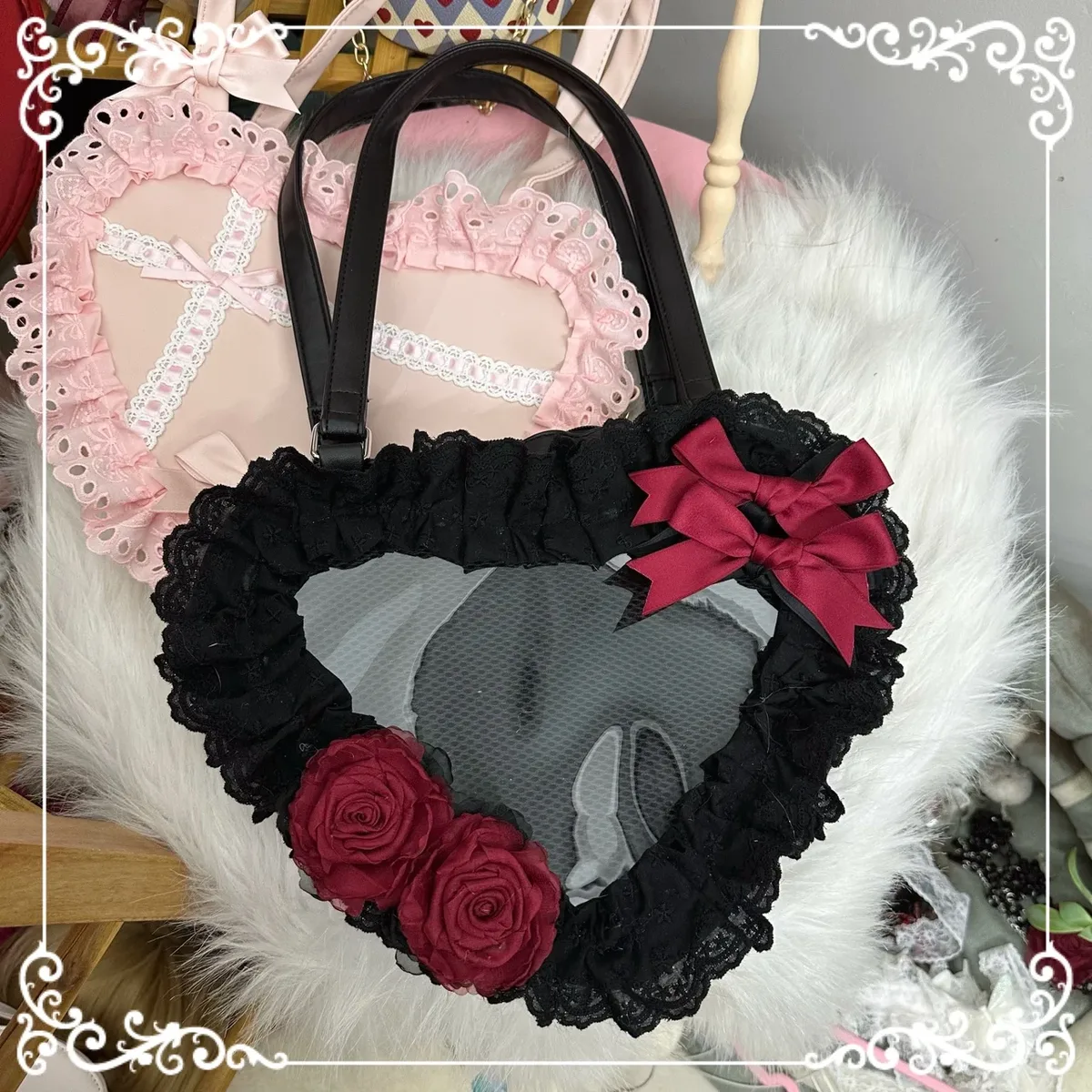 lolita fait à la main amour coeur dentelle fleur mignon sac à bandoulière douce fille étudiants arc fourre-tout sacs à main