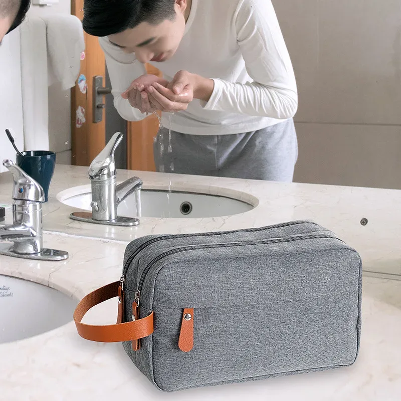trousse de maquillage en tissu oxford de grande capacité, sac de rangement d'articles de toilette de voyage portable à double couche, utilisée pour les voyages d'affaires et les voyages
