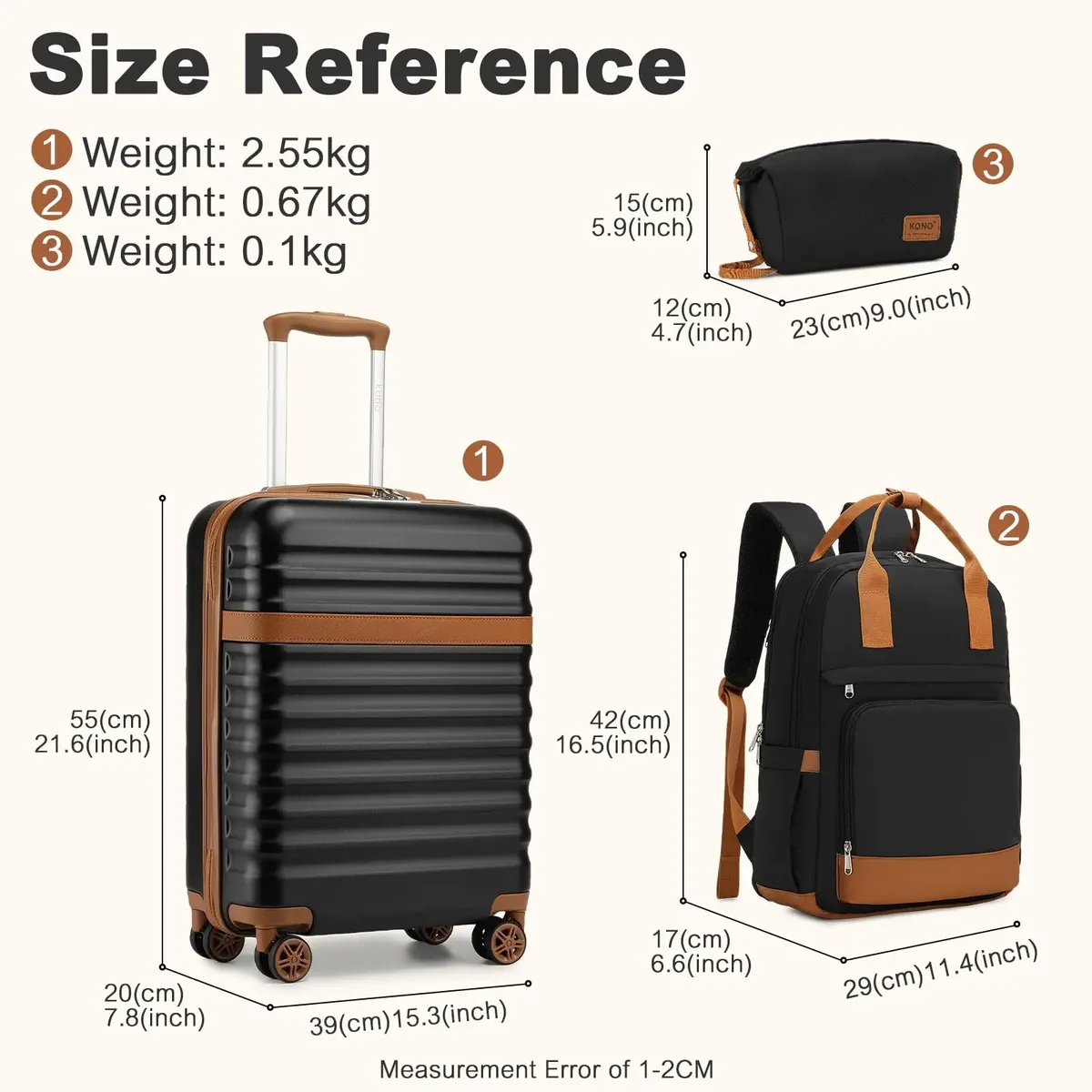 ensemble de étuis rigides kono – étui robuste en abs + pc avec 4 rouleaux de verrouillage tsa, inclus. sac à dos de voyage et trousse de toilette 3 pièces