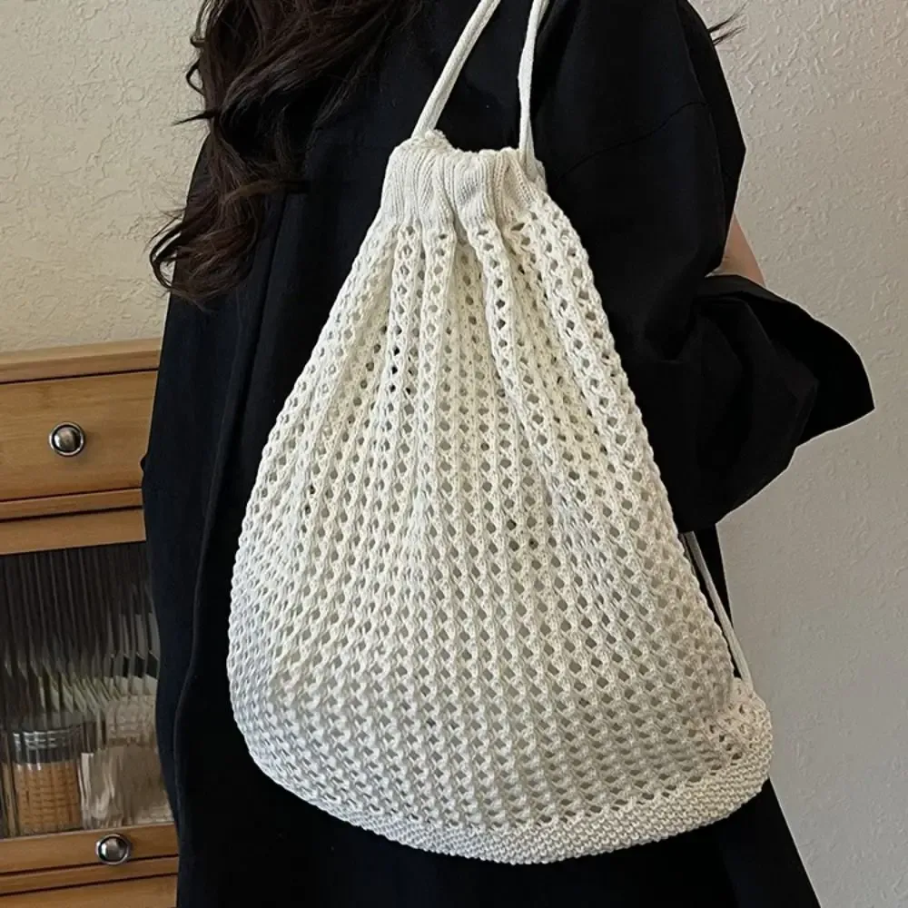 sac à bandoulière en tricot couleur unie, style décontracté, grande capacité, sac à dos bohème en crochet, polyvalent et ajouré
