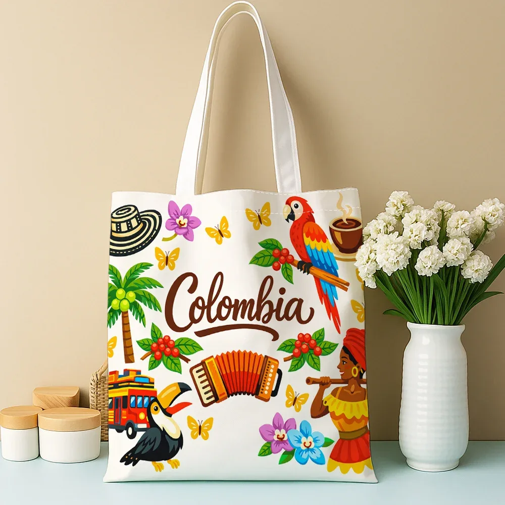 Sac fourre-tout imprimé avec éléments culturels de la Colombie, sac de courses réutilisable, adapté à un usage quotidien, aux courses, à l'école et aux voyages, 1 pièce