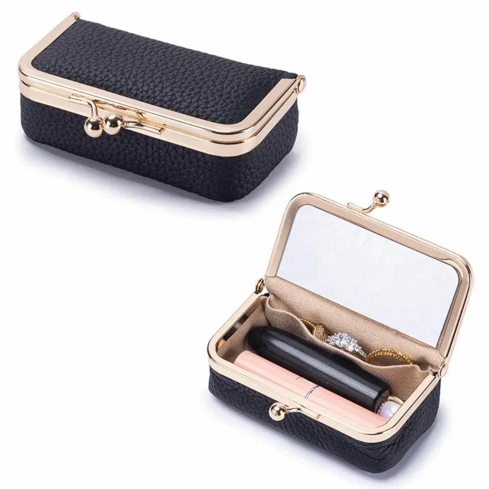 pochette à rouge à lèvres polyvalente et portable, exquise avec miroir de maquillage, sac à bijoux en cuir, couleur unie, sac de rangement anti-perte pour maquillage