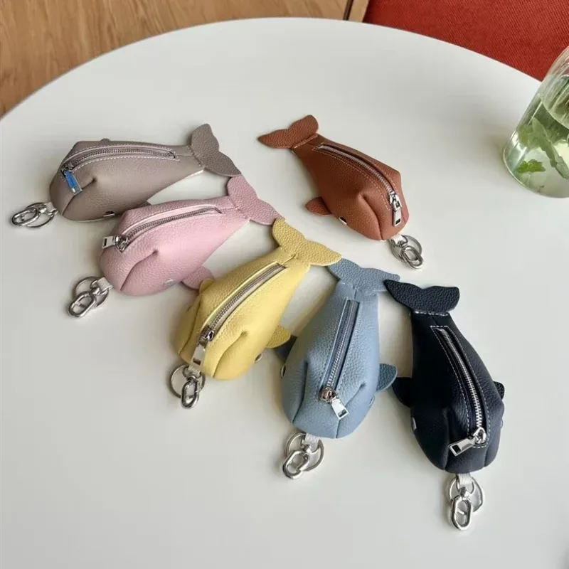 Porte-clés en cuir à fermeture éclair, organisateur de pièces de monnaie violettes en cuir de vache, porte-monnaie en forme de baleine pour hommes et femmes