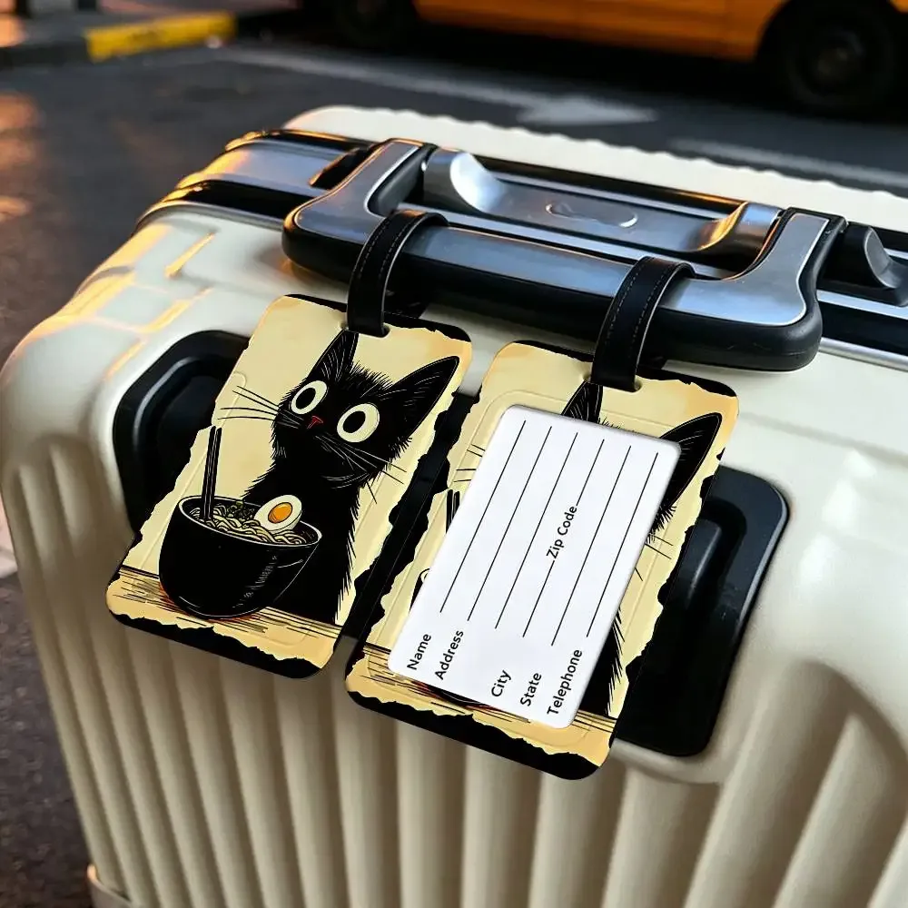 chat japonais mangeant des nouilles, étui pour carte d'information en toile imperméable, étiquette de bagage en pvc, identifiant anti-perte pour valise et sac à main