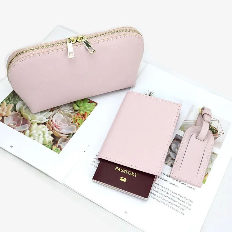 sac à cosmétiques en cuir saffiano personnalisé pour femmes, trousse de beauté en poudre de voyage pour dames, ensembles avec porte-passeport, étiquette de bagage, mode