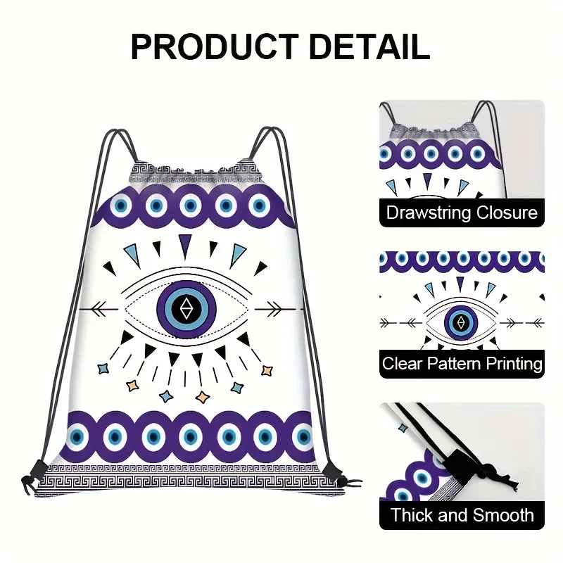 sac dos nylon blanc motif oeil géométrique bleu violet grande capacité voyage école sport shopping fêtes