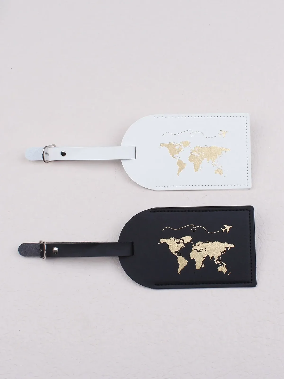 étiquette bagage pu leather ovale noir motif doré carte monde rose clair voyage identification bagage
