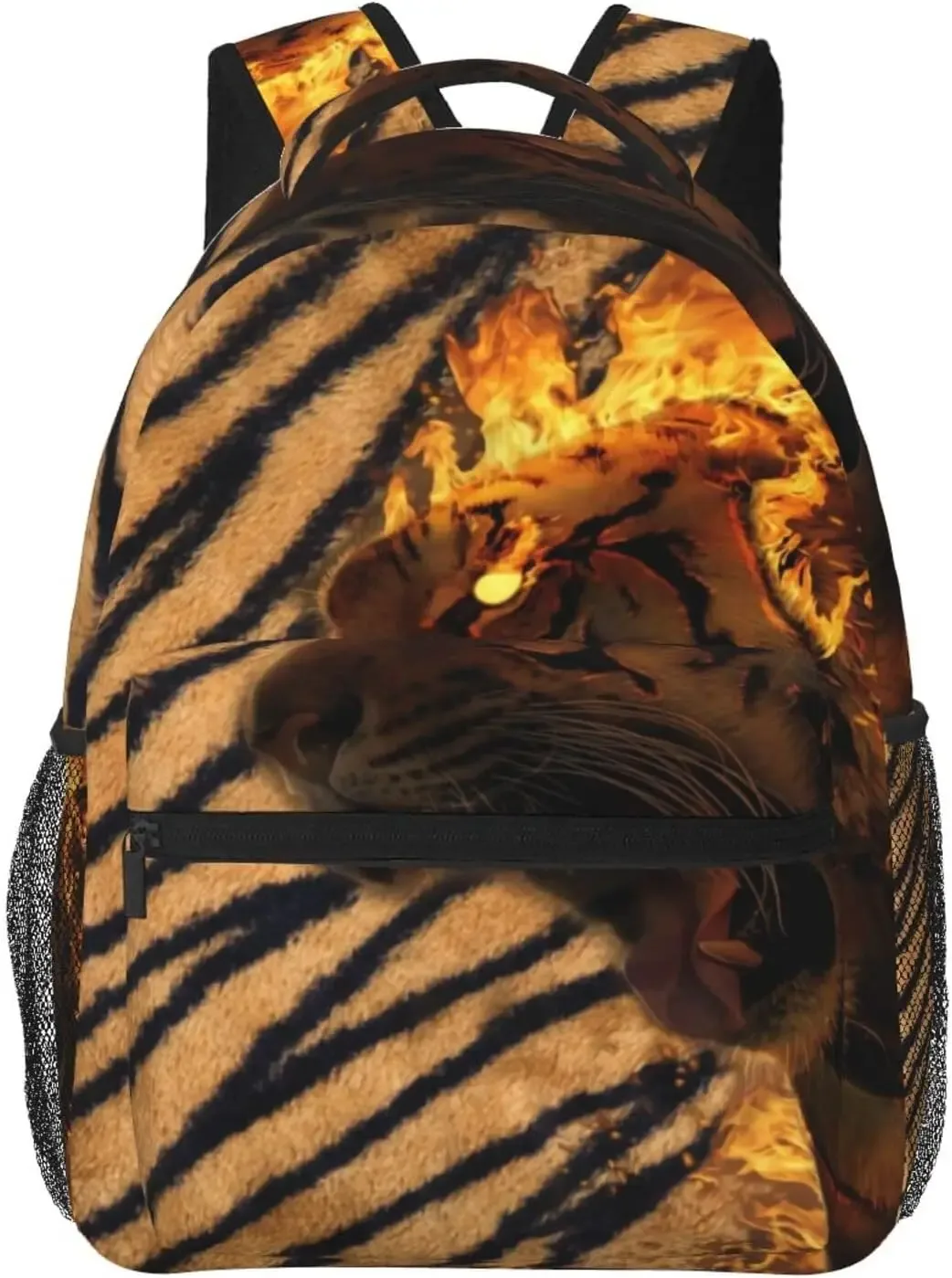 sac dos polyester imprimé tigre rayures noires orange fond beige poches latérales zip grande ouverture bandouliere chaîne usage voyage école randonnée camping