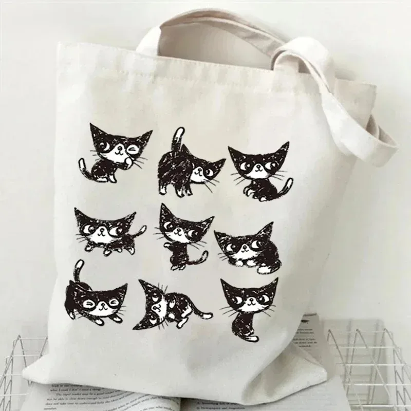 sac à main pour femme avec imprimé de chat de dessin animé, pliable, réutilisable, style harajuku, sac fourre-tout pour étudiants, sac de shopping en toile