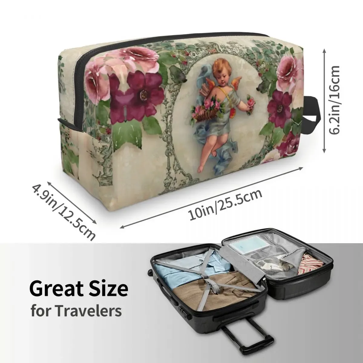 sac à cosmétiques de voyage personnalisé pour femmes, rose vintage, ange victorien, trousse de toilette de maquillage, trousse de rangement de beauté