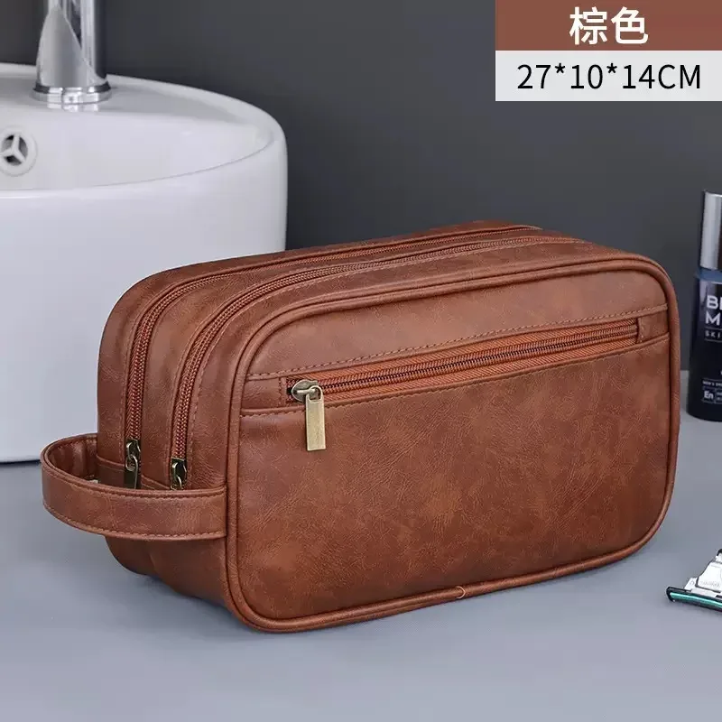 trousse de toilette homme en cuir pu double couche, organisateur de voyage résistant à l'eau pour articles de toilette et cosmétiques, sac de rangement pour rasage