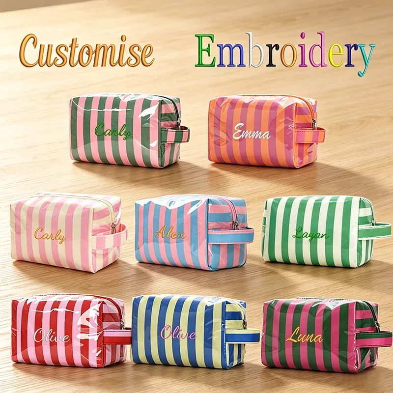 Broderie personnalisée/Style standard 2 options, Sac à main rayé, Trousse de maquillage, Saison rentrée scolaire, Cadeau!