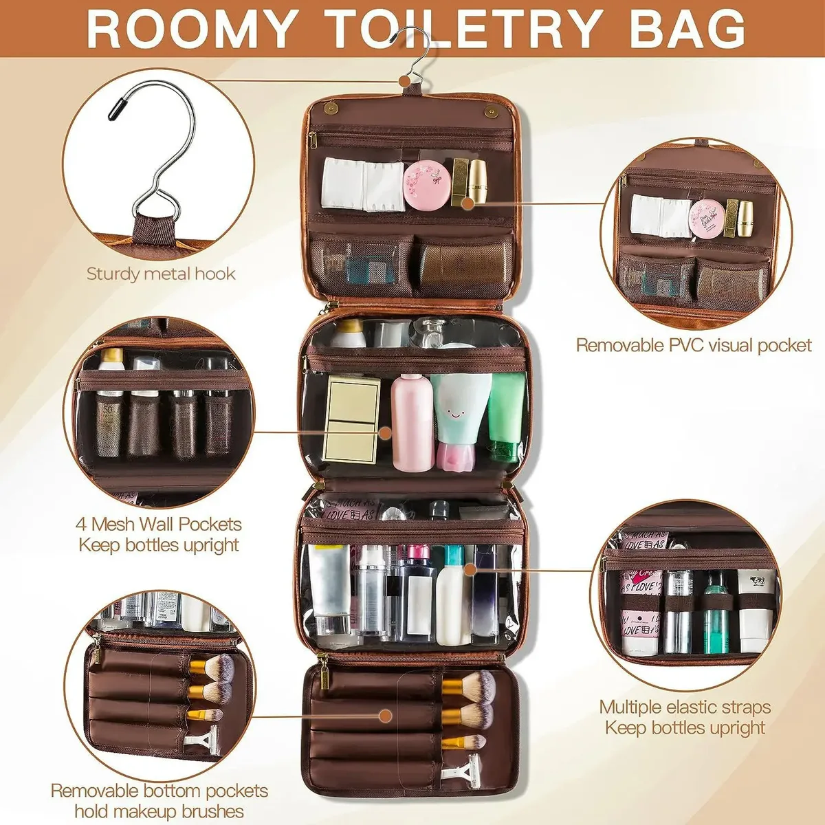 trousse de maquillage de voyage pour femmes, grande capacité, organisateur de cosmétiques portable, sacs de toilette, porte-brosse sur pied vertical