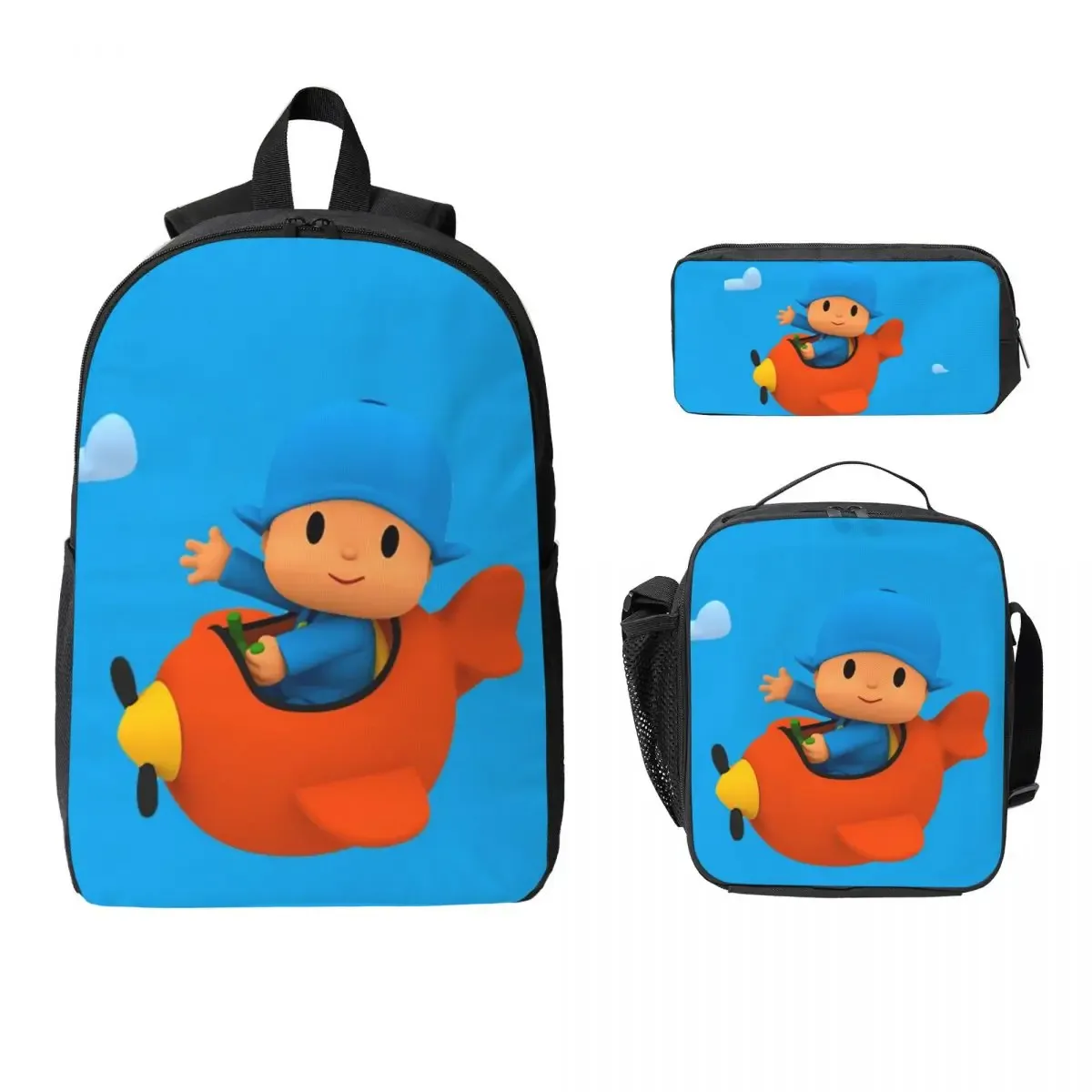 sac à dos bleu pocoyo pour enfants, sac à livres pour étudiants, sac d'école, sacs à bandoulière pour ordinateur, 3 pièces, sac à déjeuner isotherme, trousse à crayons