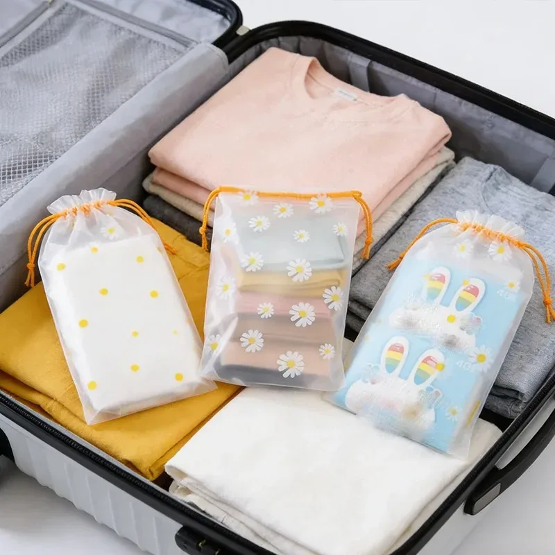 sac en plastique imprimé marguerite, blanc transparent, pliable, sac de voyage imprimé marguerite, adapté au rangement des serviettes, fournitures de voyage, 5/10 pièces