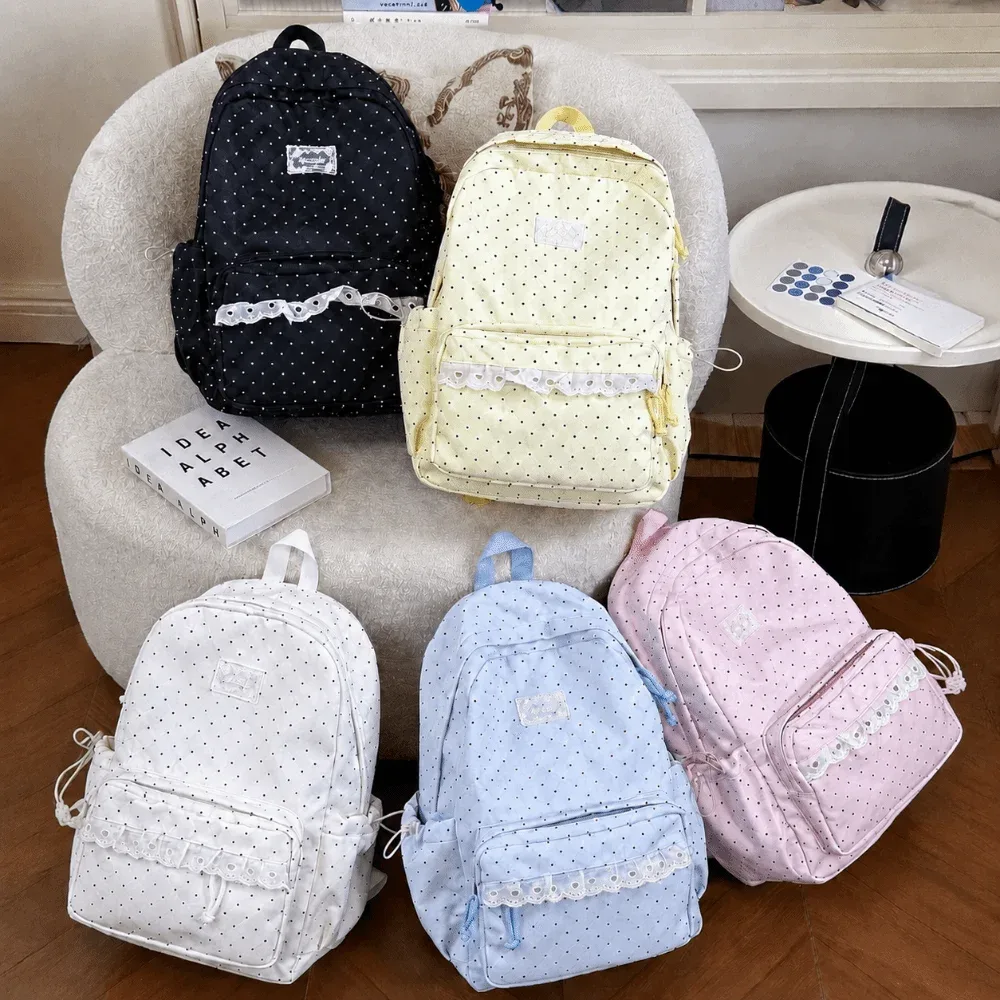 sac à dos de voyage mignon à pois, grande capacité, en nylon, pour étudiants, multi-poches avec dentelle, sac à dos pour ordinateur portable