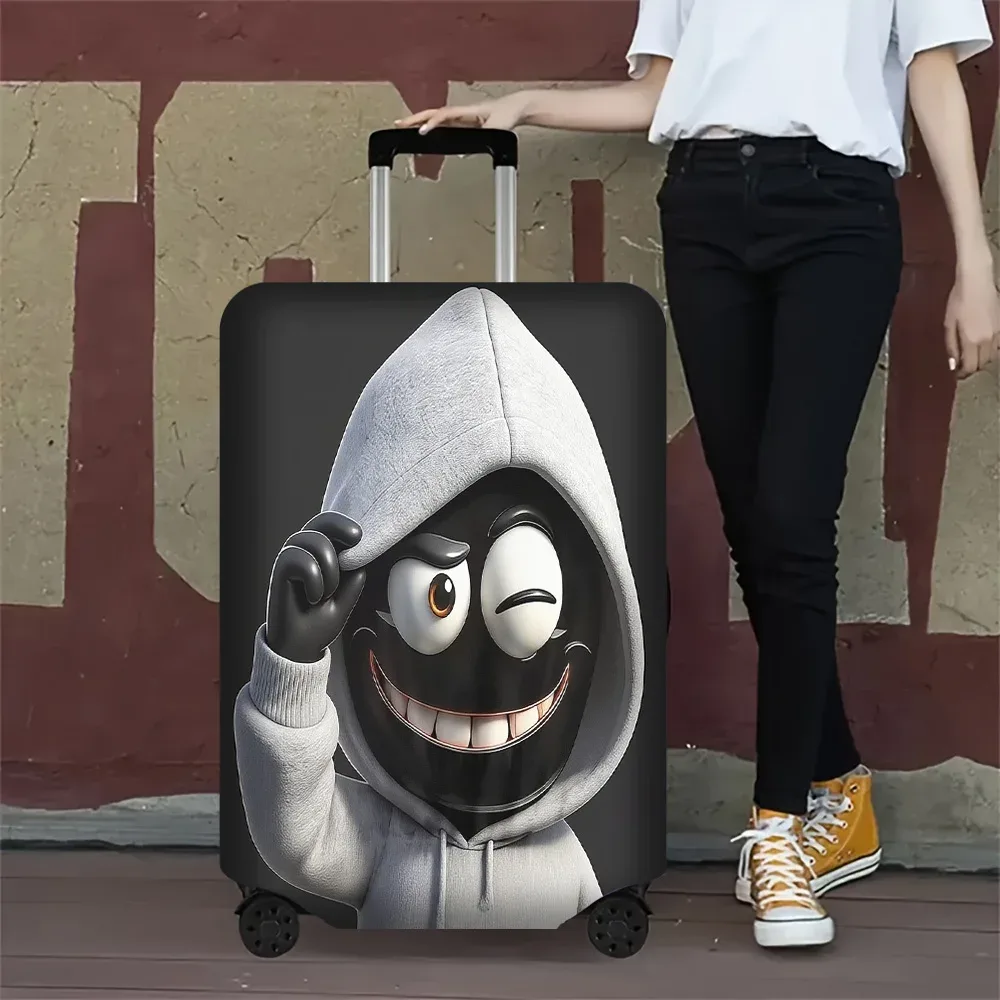 housse valise polyester design humoristique personnage souriant sweatshirt capuche fond noir roues transport protection voyager