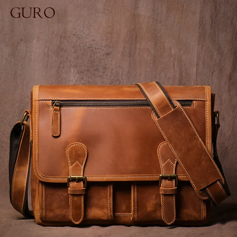 GURO-Sac messager en cuir de cheval pour homme, véritable, luxe, sac à bandoulière lancé, bureau, étui à bombes, 12.9 pouces, vintage, elin