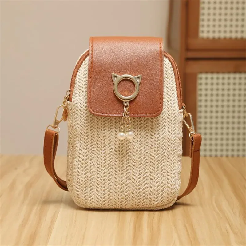 sac à bandoulière tissé à la main en paille pour femmes, sac à main à bandoulière de couleur unie avec fermeture à serrure