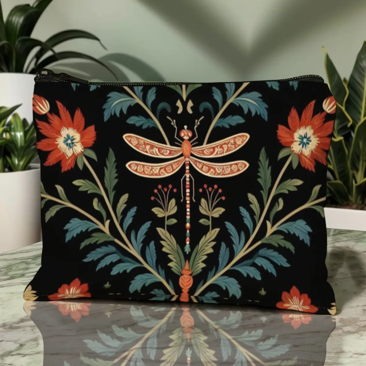 exquis sac de maquillage libellule-floral vert émeraude avec libellules et pivoines en feuille d'or organisateur cosmétique d'élégance vintage
