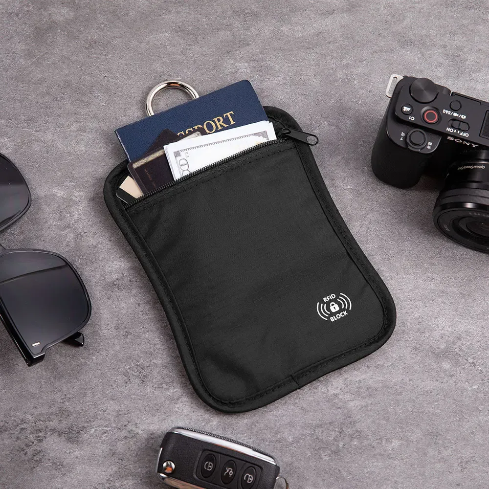 portefeuille de voyage rfid antivol pour cartes et passeports, pochette pour clés, sac de rangement pour téléphone, étui à cartes avec blocage rfid et crochet de verrouillage pour hommes et femmes
