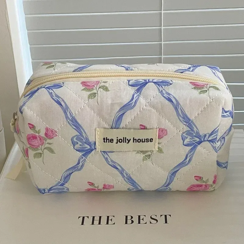 trousse de maquillage courtepointe pour femme, trousse de toilette portable pour filles, sac à main grill pour femme, trousse cosmétique à fermeture éclair, nœud mignon, fleur