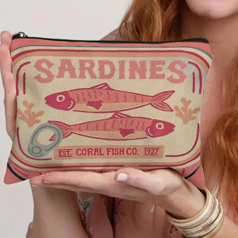 sac à cosmétiques en toile vintage, trousse de maquillage simple de grande capacité, pochette de voyage pour femmes, trousse de toilette rétro, design d'huile d'olive de sardines