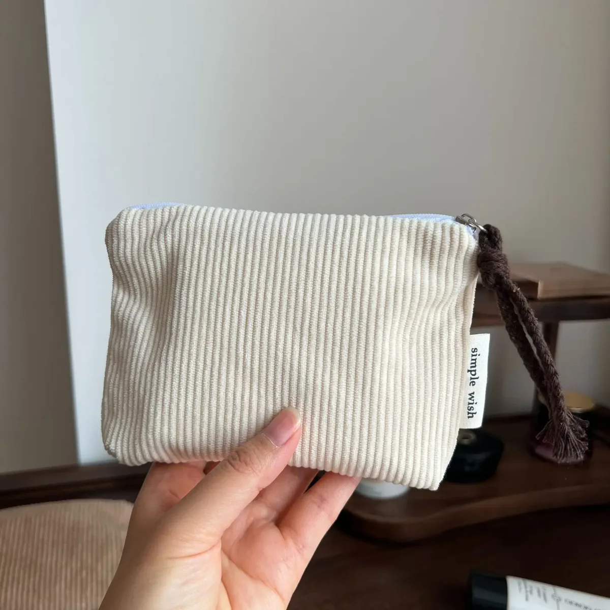 pochette de maquillage rayée rose pour femme, mini sac à cosmétiques mignon, sac de rangement portable pour clés, écouteurs, rouge à lèvres, porte-monnaie