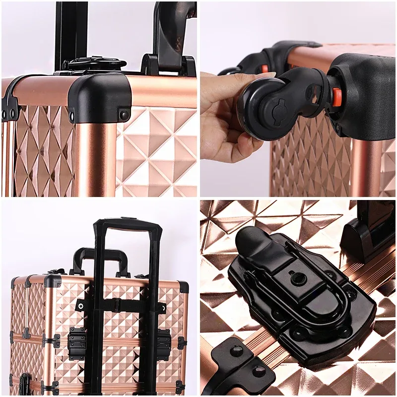 valise pvc dorée noire motif géométrique relief poignées robustes roues toupies grande capacité usage voyage