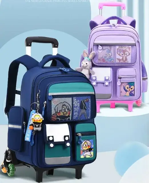 sac à dos d'école à roulettes pour filles et enfants, 17 pouces, 6 roues, sac à livres d'école primaire, sac à bagages à roulettes, sac à dos de chariot scolaire