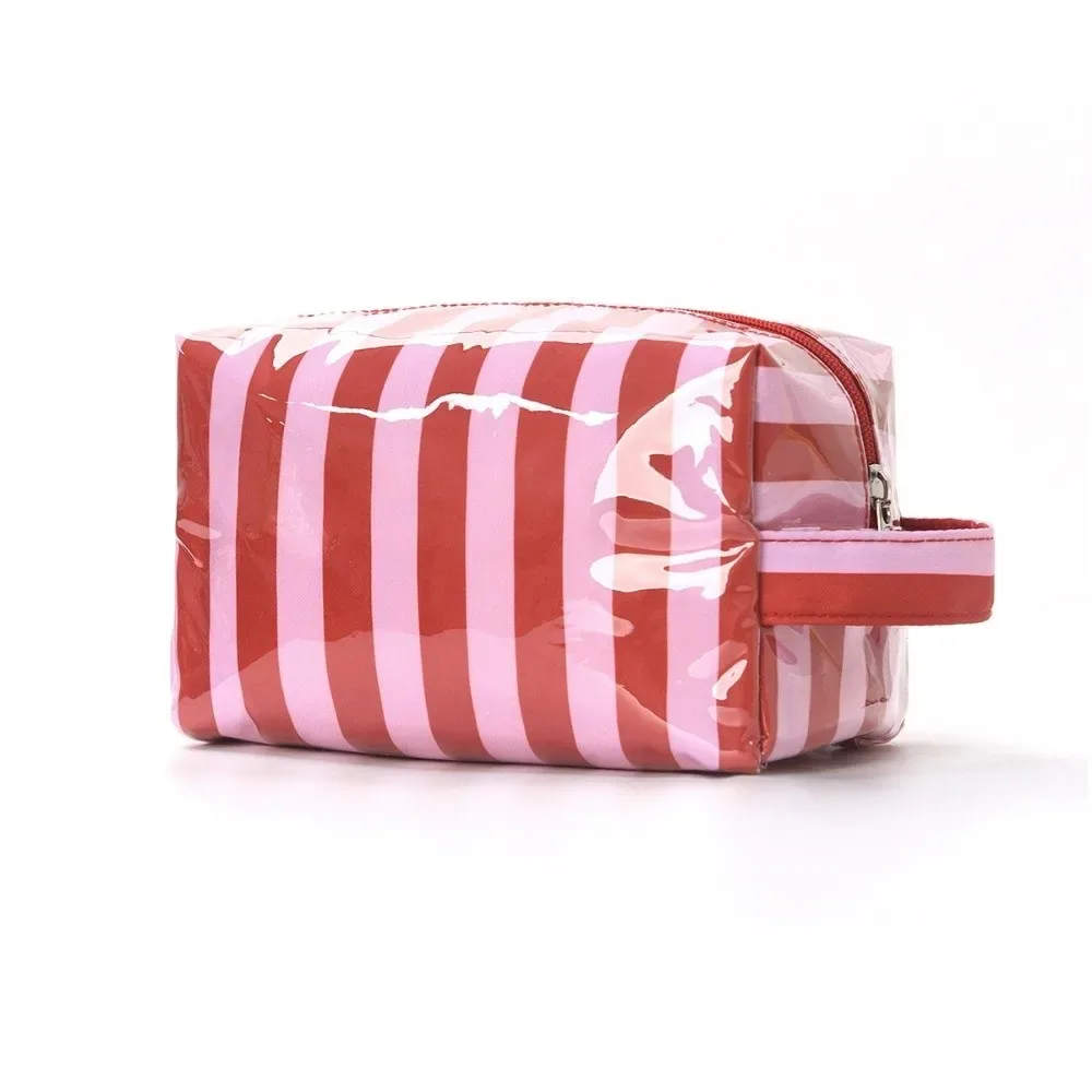 trousse de toilette imperméable rayée grande capacité rose en pvc – organisateur de maquillage portable simple pour voyage – sac de rangement cosmétique pour femme