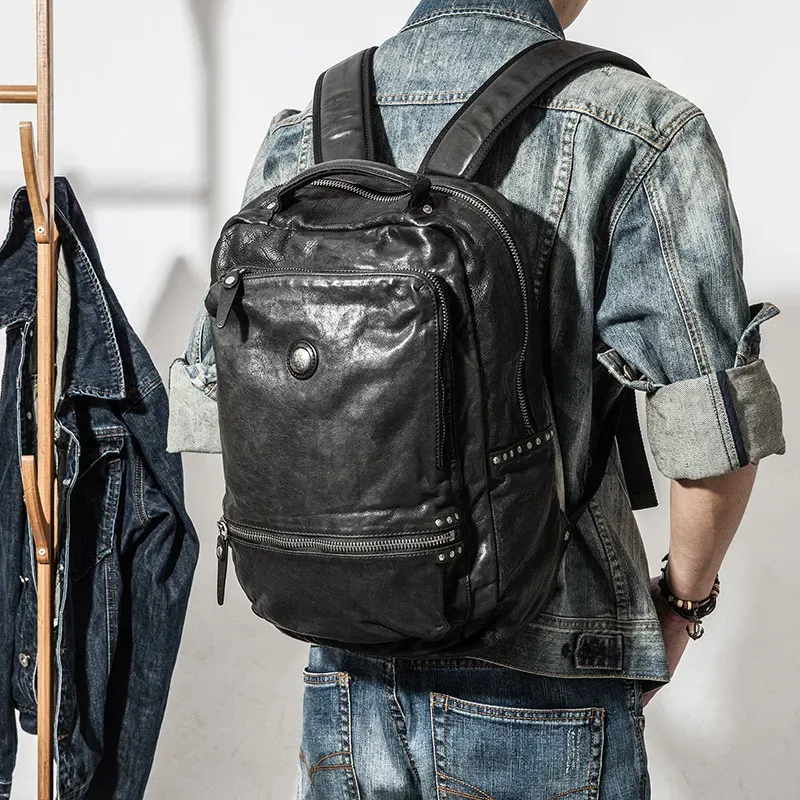sac à dos décontracté de haute qualité en cuir véritable pour hommes et femmes, sac à dos de voyage de luxe en cuir de vache souple pour adolescents, sac à dos noir pour ordinateur portable
