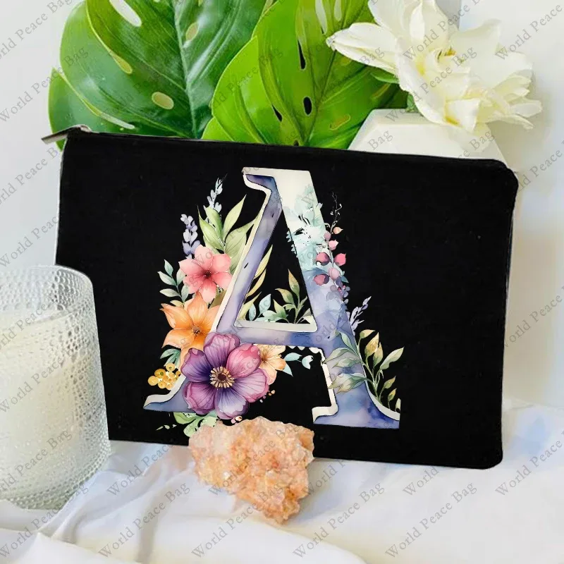 trousse toilette toile noire initiale fleurs maquillage femmes voyage sac cosmétiques intérieur uni poignée glissière