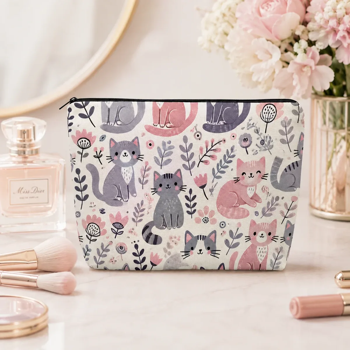 trousse de maquillage florale mignonne en toile imprimée chaton de dessin animé, pochette zippée portable de voyage pour amoureux des chats